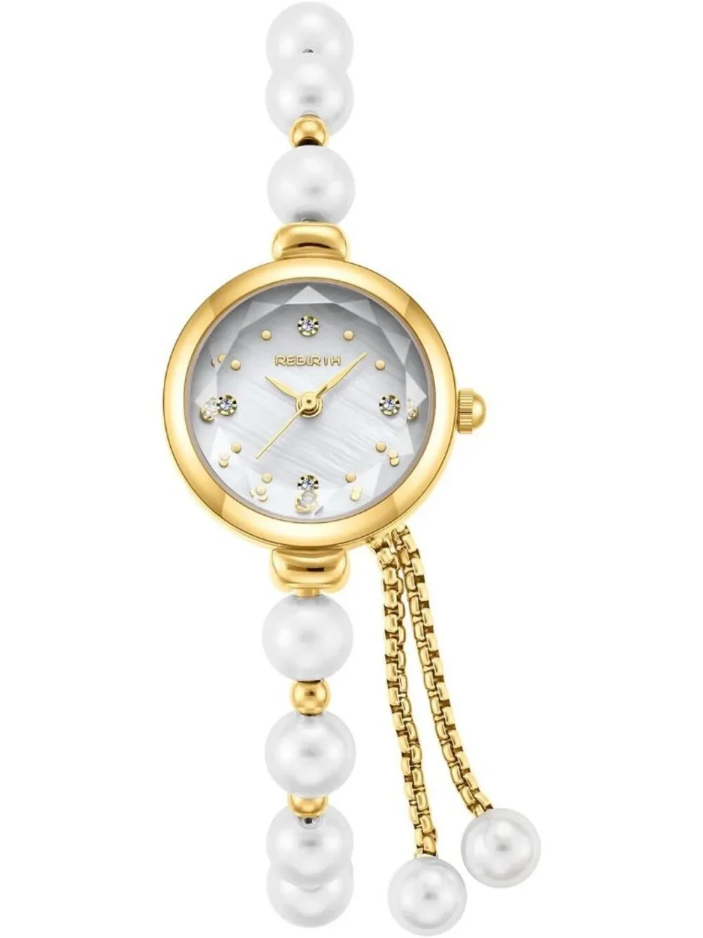 Women's Gold Analog Quartz Adjustable Slider Clasp Pearl Bracelet Wrist Watch
